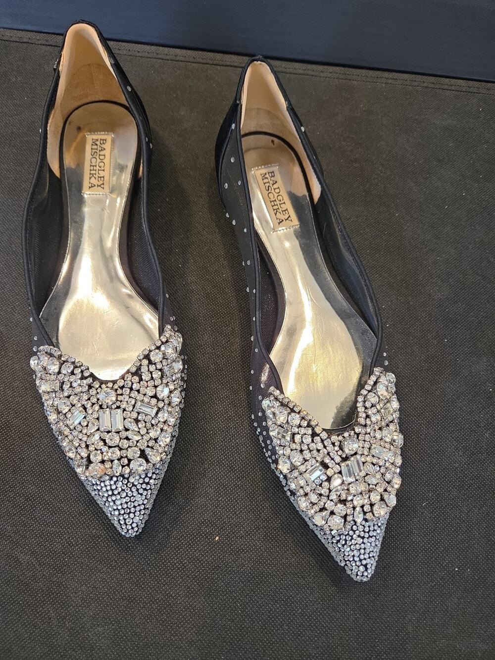 Badgley Mischka Gigi Black Crystal Mesh Pointed Toe Evening Flats - Size 9.5